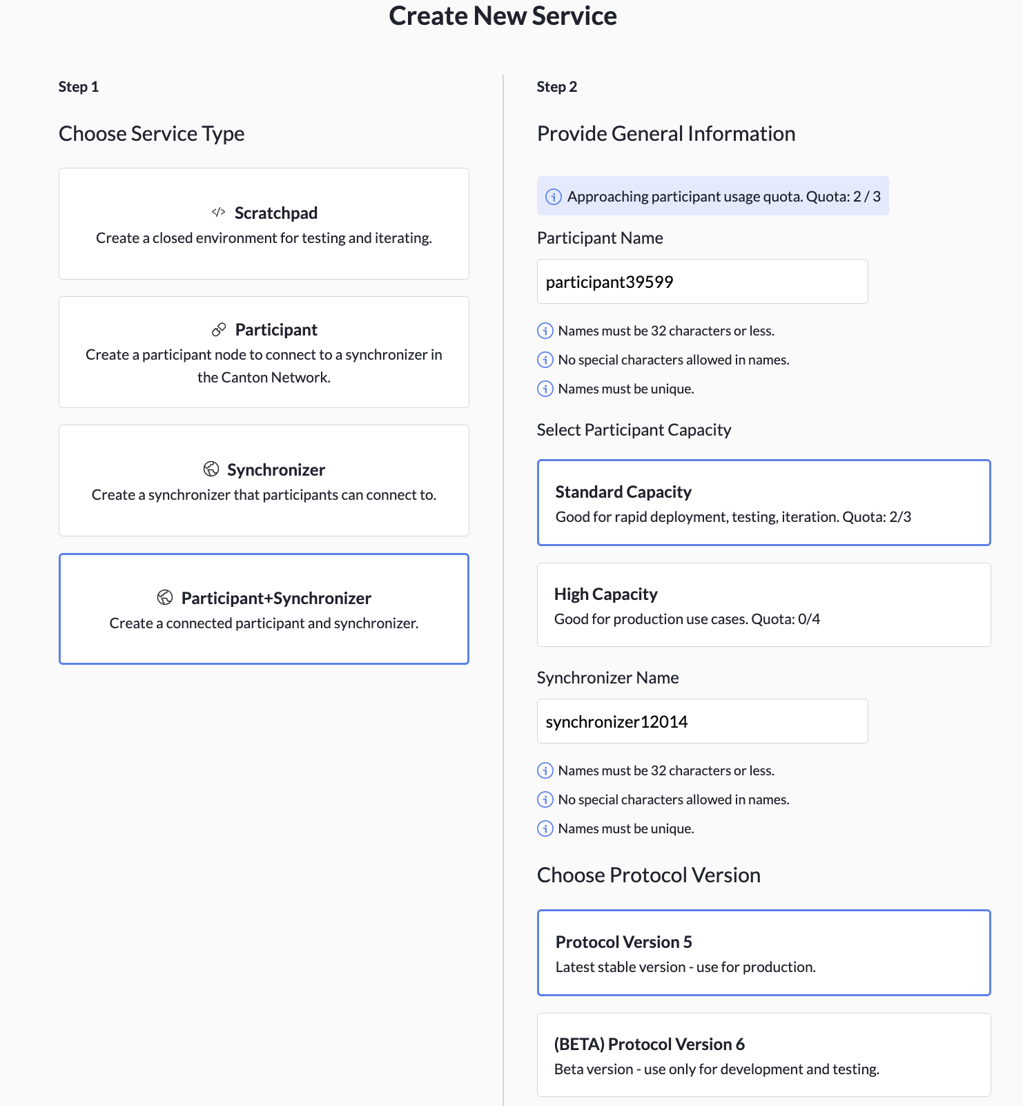 The Create New Service screen with the Participant+Synchronizer tile selected, showing default names and options and the Cancel/Submit buttons.